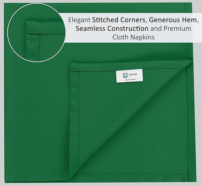 Zoyer Cloth Napkins Set of 12, 18x18 Inches Cotton Enrich Napkins Cloth ‎Washable, Soft & Durable Dinner Napkins for Parties, Wedding, Christmas, ‎Thanksgiving & Everyday Use - Dark Green