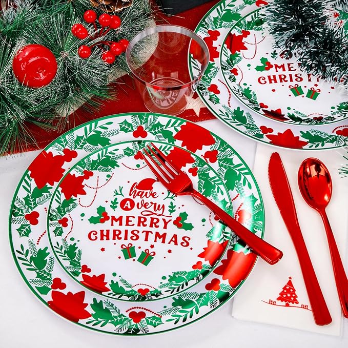 Liacere 175Pcs Christmas Plastic Plates - Green and Red Plastic Plates - include 50 Christmas Plate 25 Cups 75 Plastic cutlery 25 Tree Napkins - Suitable For All Kinds Of Holidays