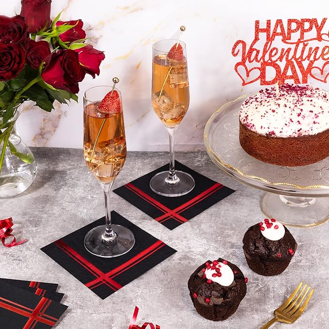 Red on Black Cocktail Napkins - 100 Pack, 5" x 5", 3-Ply Paper - Style Name: Blissful Crossing