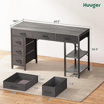 Huuger Computer Desk with 6 Drawers, Office Desk with Shelves, Reversible Gaming Desk, Corner Desk with Storage, Work for Home Office, Study, Living Room, 47inch, Gray
