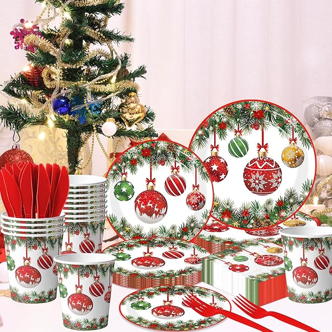 Christmas Paper Plates and Napkins,144pcs Xmas Ball Christmas Plates Disposable Party Set Christ mas Dinnerware Set for Winter Xmas Holiday,Serves 24