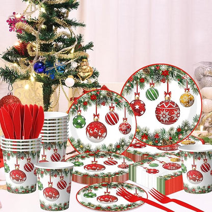 Christmas Paper Plates and Napkins,144pcs Xmas Ball Christmas Plates Disposable Party Set Christ mas Dinnerware Set for Winter Xmas Holiday,Serves 24