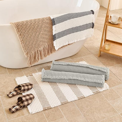 Waffle Bath Mat Non Slip, Boho Bathroom Rug, Super Absorbent Quick Dry Bathroom Mat, Soft Farmhouse Bath Rug with Tassels, Small Washable Shower Mats for Floor 20"x32", Light Grey