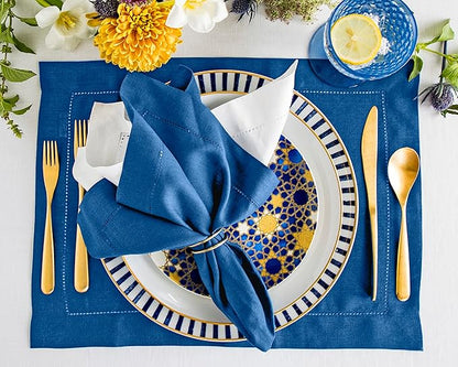 Solino Home Linen Napkins Set of 4 - Classic Hemstitch 100% Pure Linen Indigo Blue Dinner Napkins Cloth 20 x 20 Inch for Fall, Autumn, Christmas, New Year - Handcrafted and Machine Washable