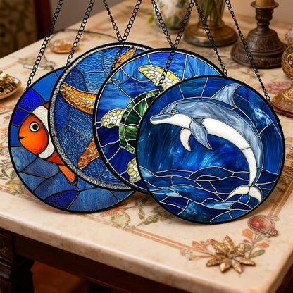 Stained Glass Window Hanging 4 Pcs Set Blue Ocean Turtle Dolphin Large 11.8" - Marine Life Suncatcher Garden Sun Catcher Decor Birthday Mother's Day for Mom Woman Nana Men