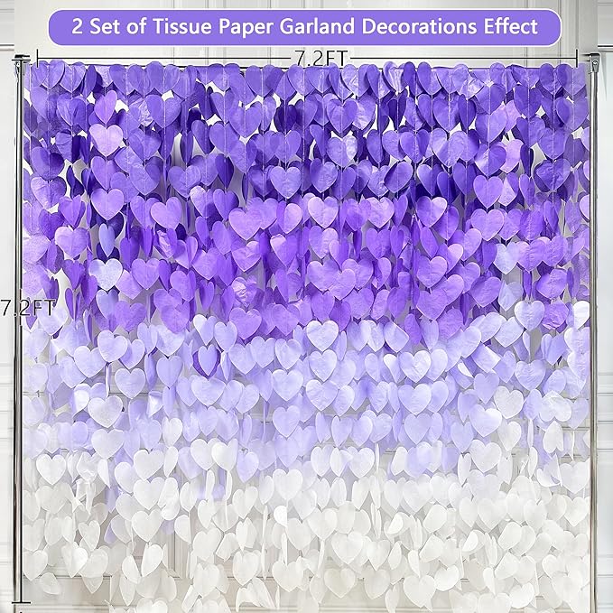 205Ft Lavender Party Decoration Ombre Purple White Heart Backdrop Streamer Tissue Paper Heart Hanging Garland for Birthday Valentines Day Bachelorette Wedding Bridal Shower Lilac Violet Party Supplies