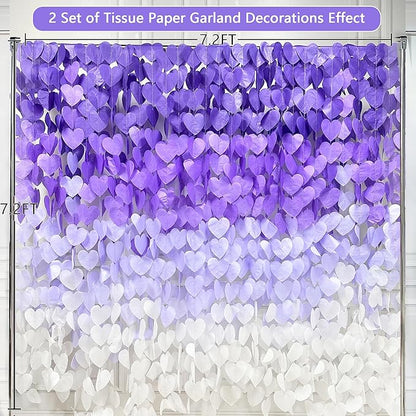 205Ft Lavender Party Decoration Ombre Purple White Heart Backdrop Streamer Tissue Paper Heart Hanging Garland for Birthday Valentines Day Bachelorette Wedding Bridal Shower Lilac Violet Party Supplies