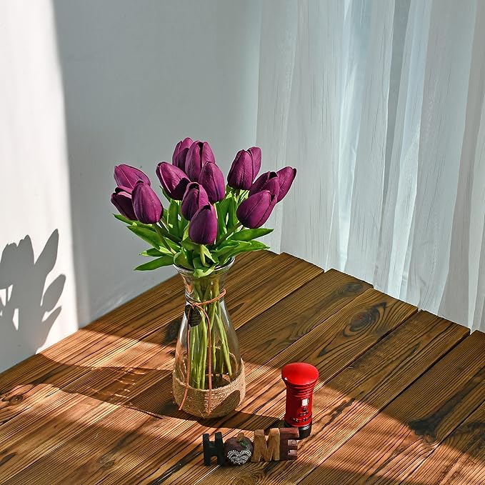 ONLY ART Artificial Purple Tulips 20 Pcs – 13.5 Inch PU Faux Flowers with Bendable Stems for Home Décor, Wedding Centerpieces, DIY Floral Arrangements, Table Decorations