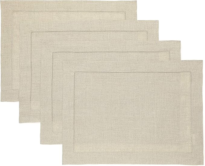 Solino Home Linen Placemats Set of 4 - Classic Hemstitch Natural Placemats 14 x 19 Inch - 100% Pure Linen Table Mats for Fall, Autumn, Christmas, Holiday, New Year