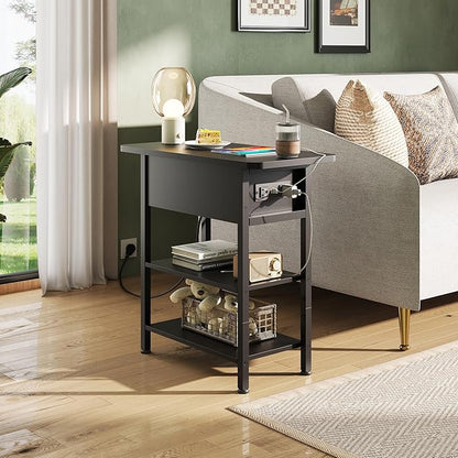 WLIVE End Table with Charging Station, Flip Top Narrow Side Table with Storage Shelf, Small Nightstand with USB Ports and Outlets,Bedside Table for Living Room, Bedroom,11.8" D x 23.6" W x 24.3" H