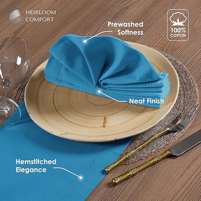 Turquoise Blue Cloth Napkins 18x18 Inch - 12 Pack - Reusable, Absorbent, Soft, Washable Fabric - Hemstitch Mitered Edges - Ideal for Beach Parties, Summer, Outdoor Dining, Dinner