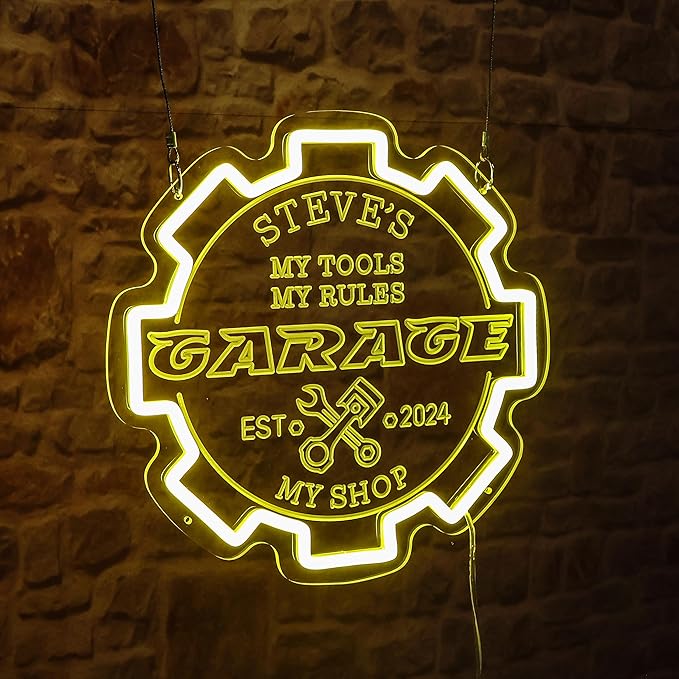 Custom Garage Neon sign for Wall Decor with Timing Remote, Personalized Gear Garage LED Neon Light for Man Cave, Home Bar, Workshop, Son Dad Birthday Gift LEMON YELLOW