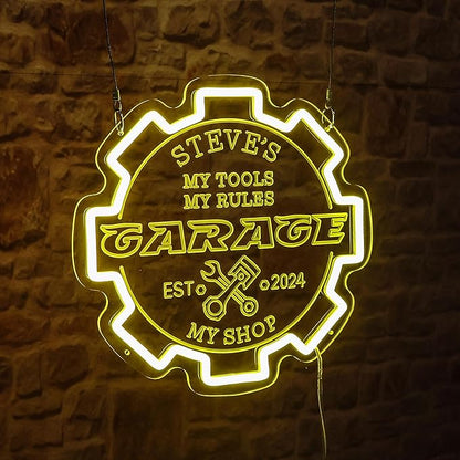 Custom Garage Neon sign for Wall Decor with Timing Remote, Personalized Gear Garage LED Neon Light for Man Cave, Home Bar, Workshop, Son Dad Birthday Gift LEMON YELLOW