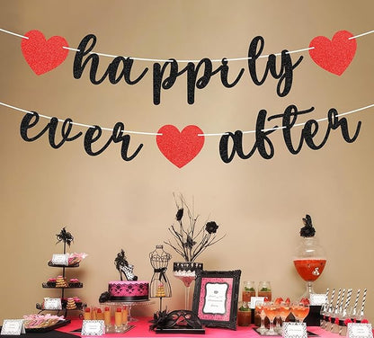 Pre-Strung Happily Ever After Banner - Black Glitter Bachelorette Bridal Engagement Party Decoration Supplies, Bachelorette Wedding Party Banner for Engagement, Bridal Shower, Wedding Party Photo Booth Props