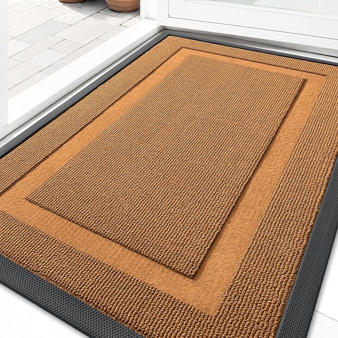 OLANLY Front Door Mat Indoor Outdoor Entrance, Waterproof All-Season, All-Weather Doormat, Sturdy Natural Rubber, Low Profile, Easy Clean Patio Porch Entryway Mat, 47x23, Tangerine Orange