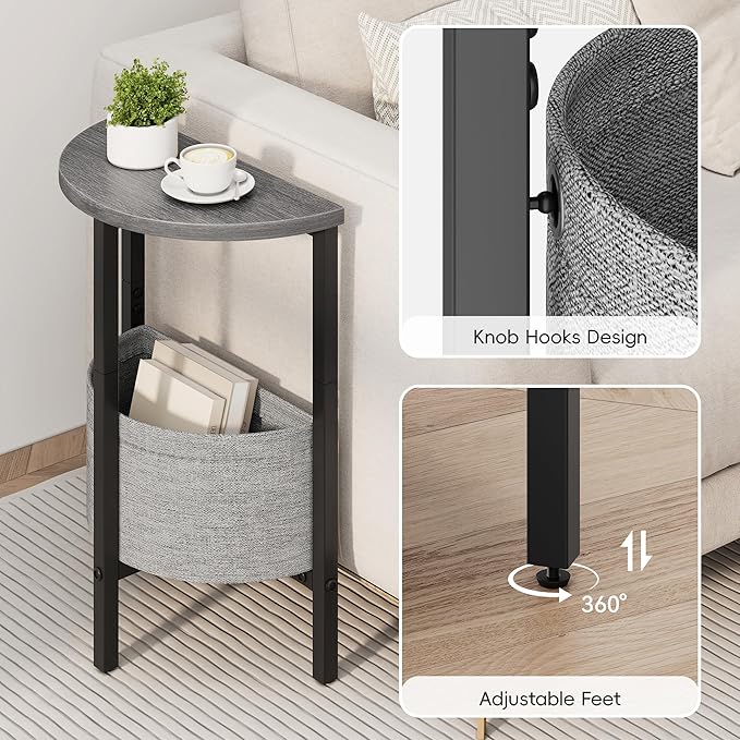 Vagusicc Small Round Side Table End Table, Tall Accent Table with Storage Basket, Set of 2 Half Round Table Half Moon Tables, Coffee Bedside Table Modern Nightstand for Living Room Bedroom Gray Walnut