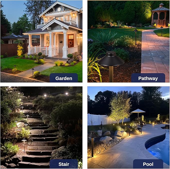 Gardenreet Solid Cast Brass Pathway Light - 12v Landscape Path Lights Outdoor Waterproof, Electric Walkway Lamp Wired, Hat Shape Black Garden Decorations with 3W 2700K Warm White G4 Bulb (12 Pack)