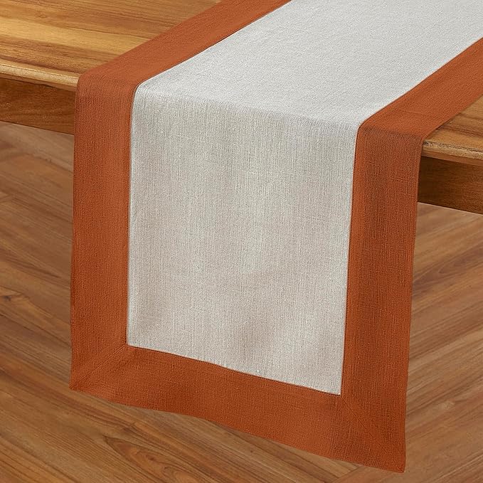 Solino Home Linen Table Runner 36 Inches - 100% Pure Linen Cinnamon and Natural Small Table Runner 14 x 36 Inch Ideal for Dresser and Coffee Tables - Contempo - Fall, Autumn, Thanksgiving
