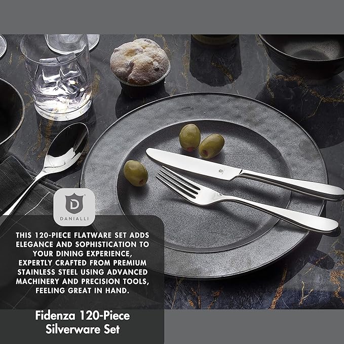 Silverware Set for 24 – 18/10 Stainless Steel Flatware, Mirror Finish, Dishwasher Safe, Durable and Elegant, Rust Resistant, Perfect for Entertaining (120-Piece Set, Fidenza)