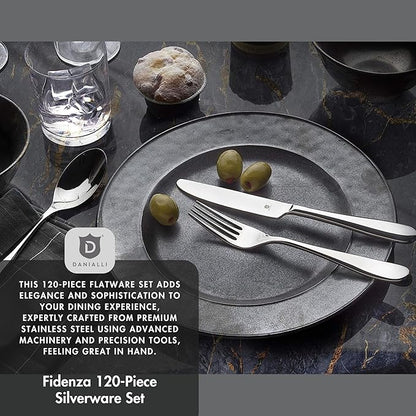 Silverware Set for 24 – 18/10 Stainless Steel Flatware, Mirror Finish, Dishwasher Safe, Durable and Elegant, Rust Resistant, Perfect for Entertaining (120-Piece Set, Fidenza)