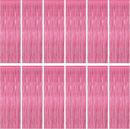 12 Pack Pink Backdrop, 3.28 FT x 7.05 FT Foil Fringe Curtains, Metallic Pink Tinsel Curtain Party Streamer Birthday Backdrop for Girl, Brithday Decorations Bachelorette Party Supplies