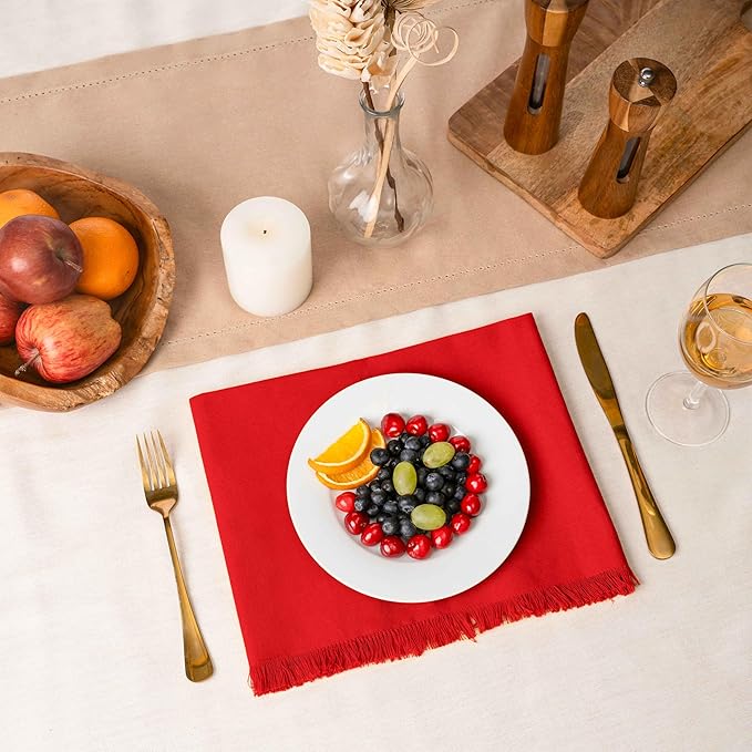 Blue Needles Handmade Cotton Linen Cloth Napkins with Fringes - Set of 6 Red Dinner Table Napkins 18x18 Inch Hemmed Edges Washable, Soft, Reusable, Perfect for Fall Thanksgiving & Family Dinner