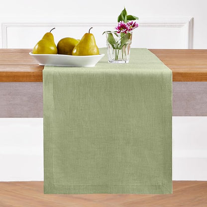 Solino Home Linen Table Runner 72 Inches Long - Athena, 100% Pure Linen Chambray Olive Table Runner 14 x 72 Inch for Dining, Fall, Autumn, Christmas, New Year