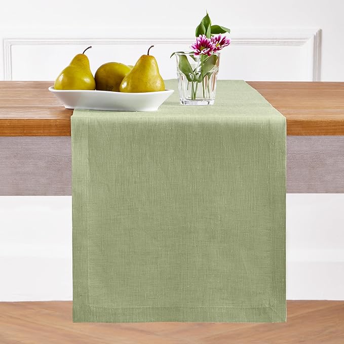 Solino Home Linen Small Table Runner 60 Inches - Athena, 100% Pure Linen Chambray Olive Table Runner 14 x 60 Inch Ideal for Dresser and Coffee Tables - Fall, Autumn, Christmas, New Year