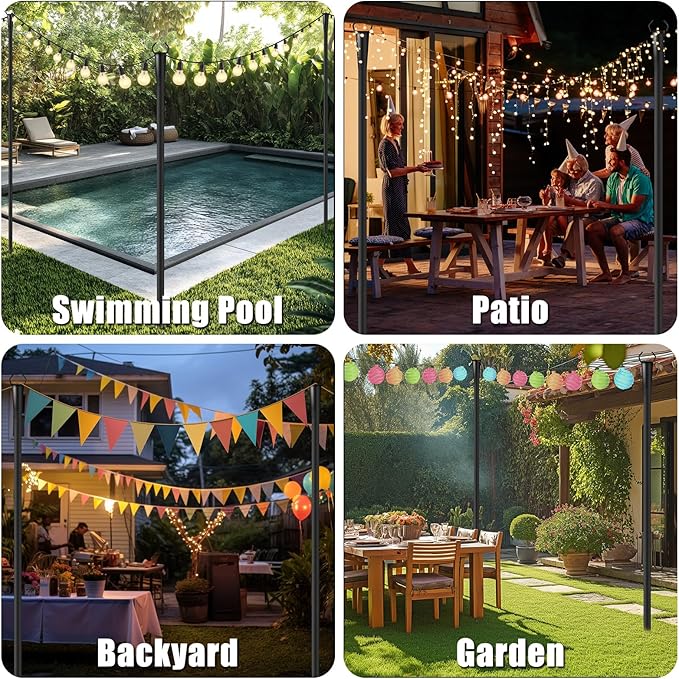 4 Pack 10Ft String Light Poles for Outside, Metal Outdoor Light Poles with 5 Prongs for Garden Patio Backyard Deck, Fence Bracket Hanging Light for Party Wedding Decor