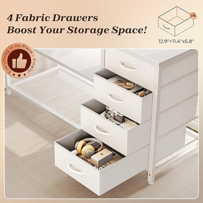 PRAISUN 53" L Shaped Desk with Power Outlets and USB-C Port, Reversible Computer Corner Office Desk with 4 Fabric Drawers and 2 Height-Adjustable Shelves, Large for Gaming Writing Work Study, White