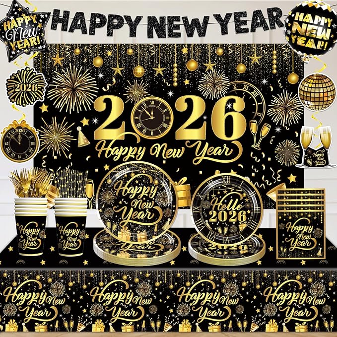 New Years Decorations 2026, New Years Eve Party Banner Backdrop, Foil Balloons, Hanging Swirls, Happy New Year Plates and Napkins Gold and Black Nye Party Decorations New Year's Eve Party Supplies