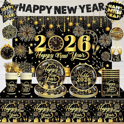 New Years Decorations 2026, New Years Eve Party Banner Backdrop, Foil Balloons, Hanging Swirls, Happy New Year Plates and Napkins Gold and Black Nye Party Decorations New Year's Eve Party Supplies