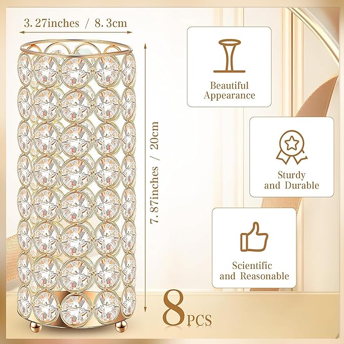 8 Pcs Gold Crystal Flower Vase and Pillar Candle Holder Set, 7.87" Metal Cylinder Stand for Wedding Table Centerpieces, Flower Arrangements, Christmas Party, Event Decor, and Gifts