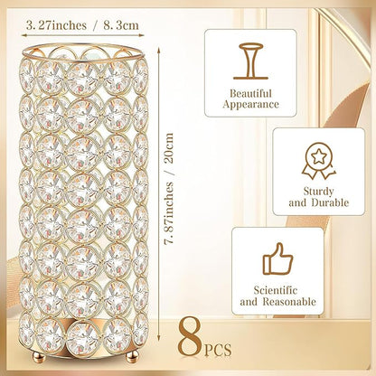 8 Pcs Gold Crystal Flower Vase and Pillar Candle Holder Set, 7.87" Metal Cylinder Stand for Wedding Table Centerpieces, Flower Arrangements, Christmas Party, Event Decor, and Gifts