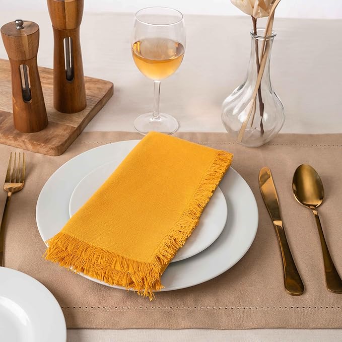 Blue Needles Handmade Cotton Linen Cloth Napkins with Fringes - Set of 6 Golden Yellow Dinner Table Napkins 18x18 Inch Hemmed Edges Washable Soft Reusable Perfect for Fall Thanksgiving & Family Dinner