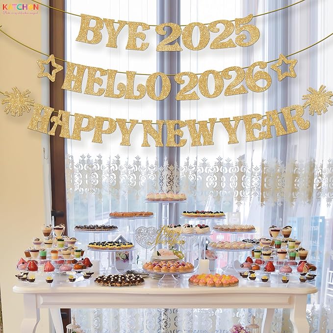 KatchOn, Glitter Gold Happy New Year Banner - 10 Feet, Bye 2025 Hello 2026 Banner | Happy New Years Decorations, Happy New Year 2026 Sign | New Years Eve Party Supplies 2026 | Nye Decorations 2026