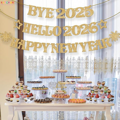 KatchOn, Glitter Gold Happy New Year Banner - 10 Feet, Bye 2025 Hello 2026 Banner | Happy New Years Decorations, Happy New Year 2026 Sign | New Years Eve Party Supplies 2026 | Nye Decorations 2026