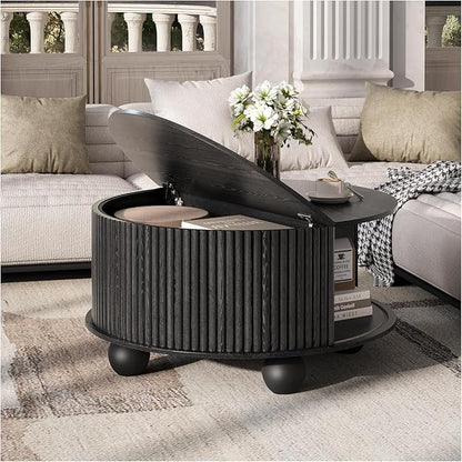 Black Round Coffee Table with Storage, 31.5" Fluted Drum Center Table with Sliding Door, Modern Farmhouse Wood Circle Table with Bun Feet for Living Room