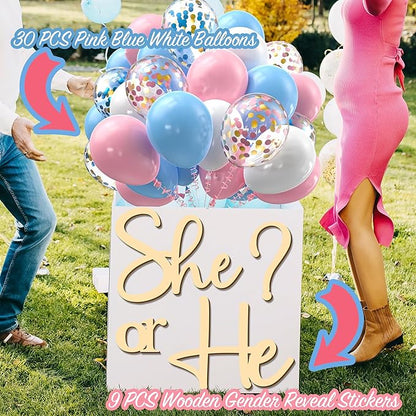 Large Wooden Gender Reveal Party Decor Backdrop Decals with 30 PCS Pink Blue Balloons He or She What Will Baby Be Balloon Arch Signs Colorable Boy or Girl Party Sticker Banner Baby Shower Photo Props