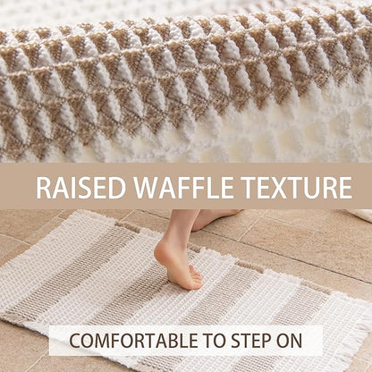 Waffle Bath Mat Non Slip, Boho Bathroom Rug, Super Absorbent Quick Dry Bathroom Mat, Soft Farmhouse Bath Rug with Tassels, Small Washable Shower Mats for Floor 20"x32", White and Taupe