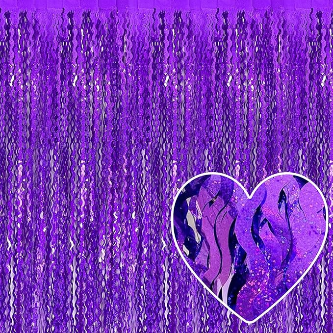 4 Pack Purple Fringe Curtain Backdrop 3.2Ft x 8.2Ft Metallic Tinsel Foil Fringe Streamers Background for Photo Booth, Easter, Mother's Day, Bachelorette, Wedding, Birthday Party Decoration
