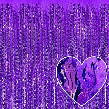 4 Pack Purple Fringe Curtain Backdrop 3.2Ft x 8.2Ft Metallic Tinsel Foil Fringe Streamers Background for Photo Booth, Easter, Mother's Day, Bachelorette, Wedding, Birthday Party Decoration