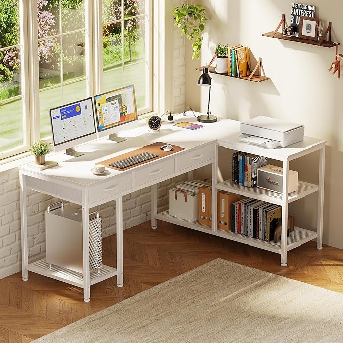 PRAISUN 55 Inch L Shaped Office Desk with Power Outlets and Type-C Port, Large Computer Gaming Desk with 3 Fabric Drawers, Mesh Shelves, Corner Study Work Writing Desk, White