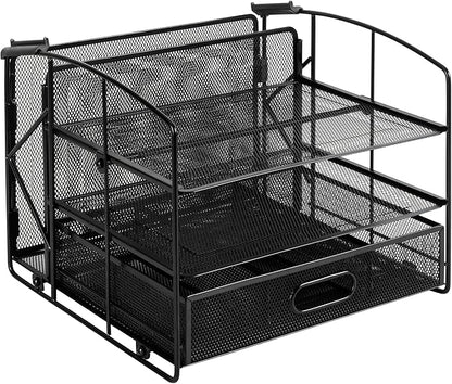 Amazon Basics Sturdy Rectangular Desktop Organizer with 3 Trays, Sliding Drawer and Hanging File Holder for Office Supplies, Black