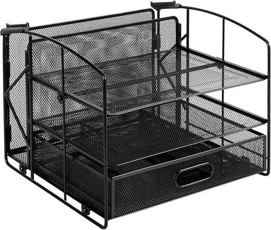 Amazon Basics Sturdy Rectangular Desktop Organizer with 3 Trays, Sliding Drawer and Hanging File Holder for Office Supplies, Black