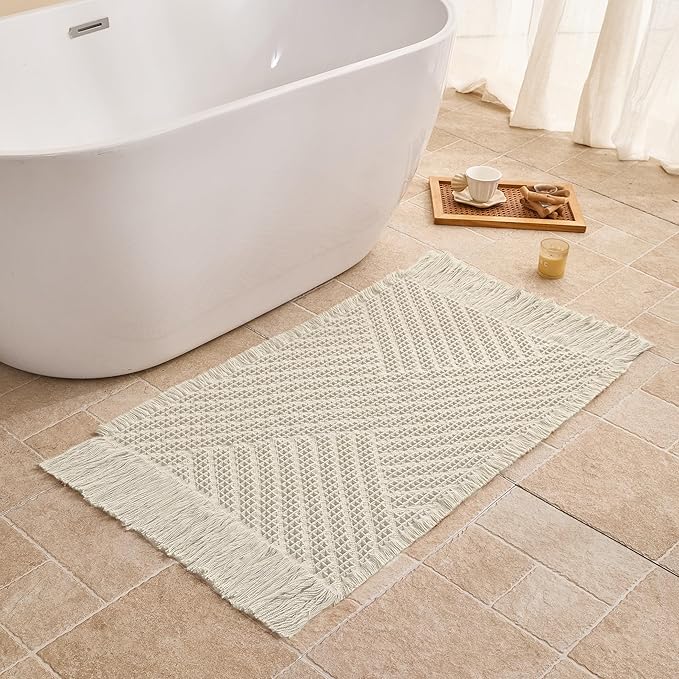 Waffle Bath Mat Non Slip, Boho Bathroom Rug, Super Absorbent Quick Dry Bathroom Mat, Soft Farmhouse Bath Rug with Tassels, Small Washable Shower Mats for Floor 20"x32", Tassels Cream