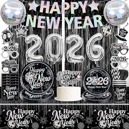 New Years Decorations 2026, New Years Eve Party Banner, Glasses, Foil Balloons, Black Fringe, Happy New Year Plates and Napkins, Silver and Black Nye Party Decorations New Year's Eve Party Supplies