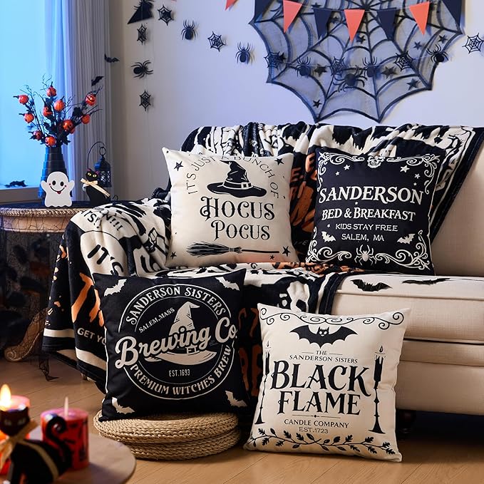 Halloween Decorations Pillow Covers 18x18 Inch,Set of 4 Vintage Halloween Decor Indoor Outdoor Throw Pillow Covers, Hocus Pocus Farmhouse Saying Linen Cushion Case for Home Sofa Couch Bedroom Chair