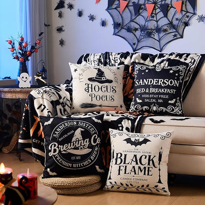 Halloween Decorations Pillow Covers 18x18 Inch,Set of 4 Vintage Halloween Decor Indoor Outdoor Throw Pillow Covers, Hocus Pocus Farmhouse Saying Linen Cushion Case for Home Sofa Couch Bedroom Chair
