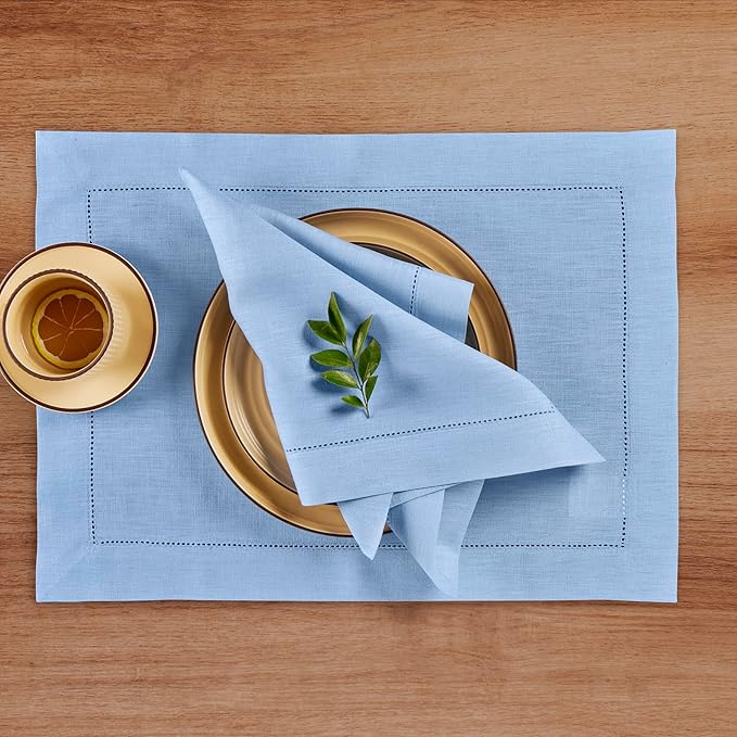 Solino Home Linen Cloth Napkins Set of 4-100% Pure Linen Cornflower Blue Dinner Napkins 20 x 20 Inch - Classic Hemstitch, Handcrafted and Machine Washable - Christmas, Holiday, New Year